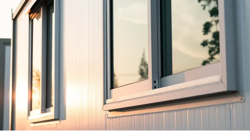 Windows on a white building reflecting sunlight.
