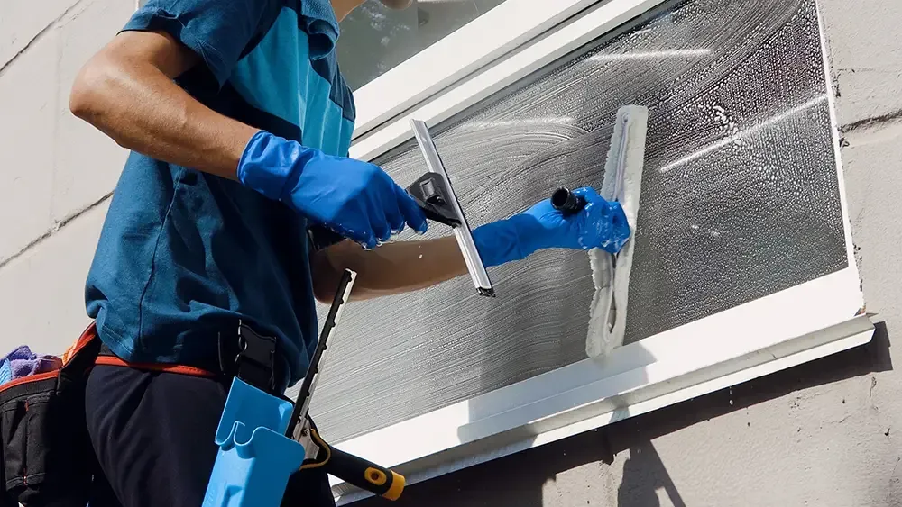 person cleaning a window using tools