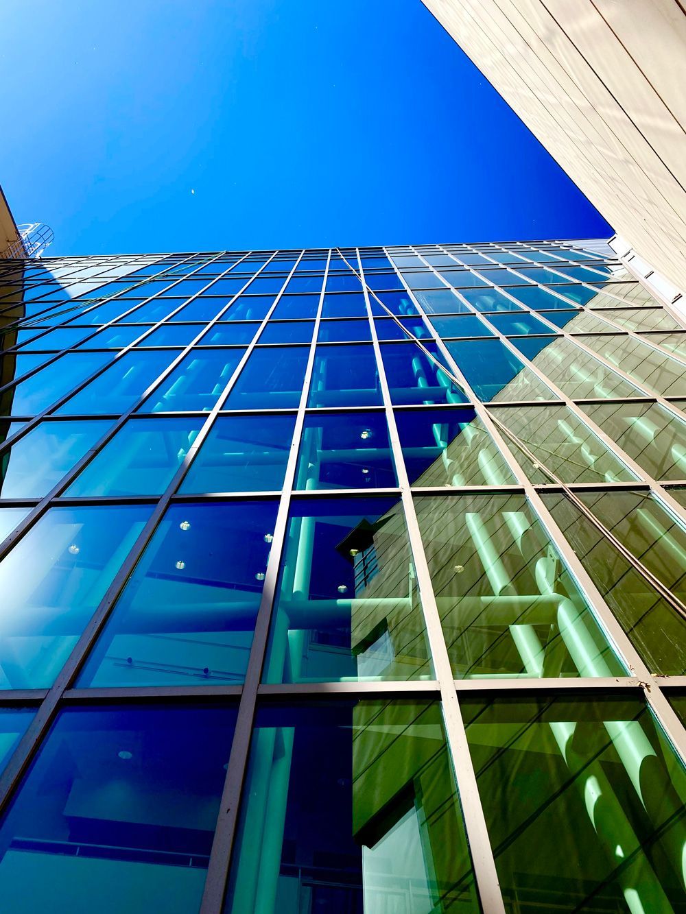Glass skyscraper reaching towards a clear blue sky.