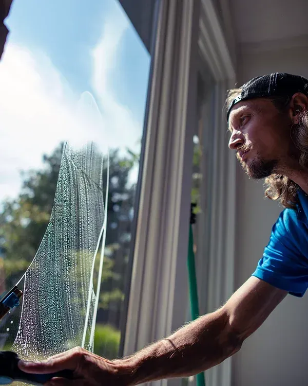 Man cleaning a window with a squeegee, soapy water visible, outdoors.