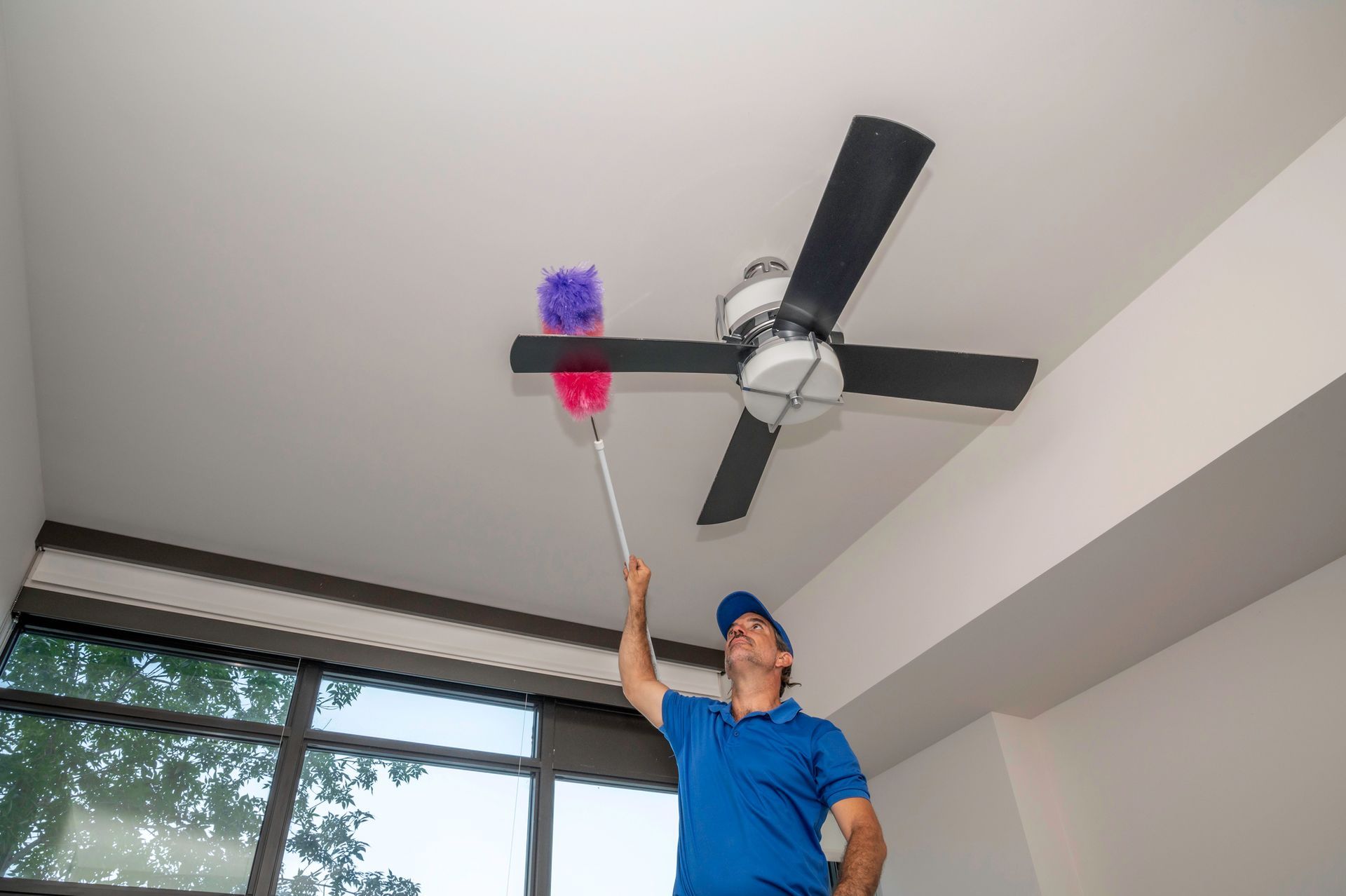 A person in a blue shirt and cap uses a long-handled, purple and pink duster to clean a black ceiling fan.