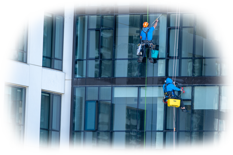 A person in a blue shirt uses a squeegee to clean a tall glass window.