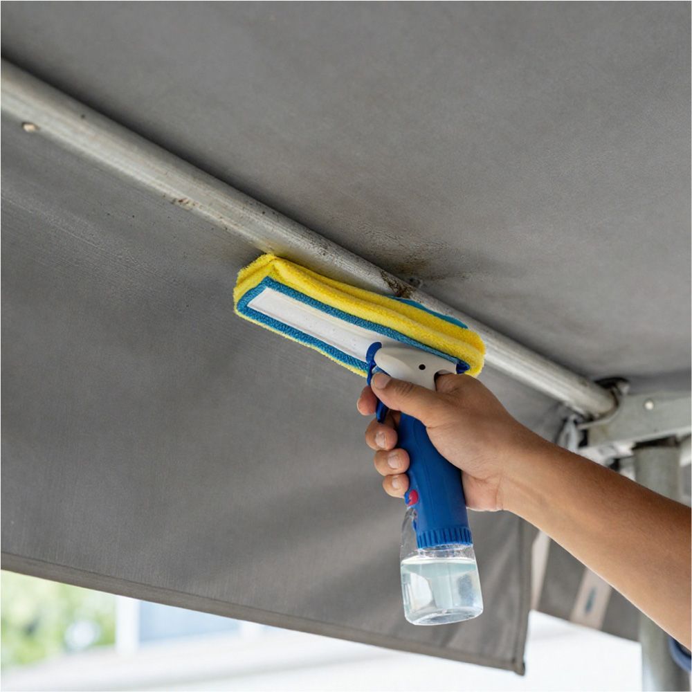 Hand cleaning gray awning fabric with a blue and yellow cleaning tool, outdoors.