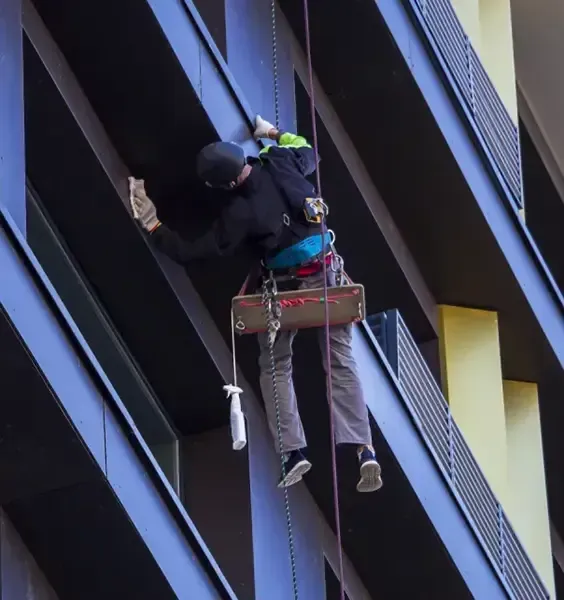 Window cleaner suspended on ropes, cleaning a building's exterior.