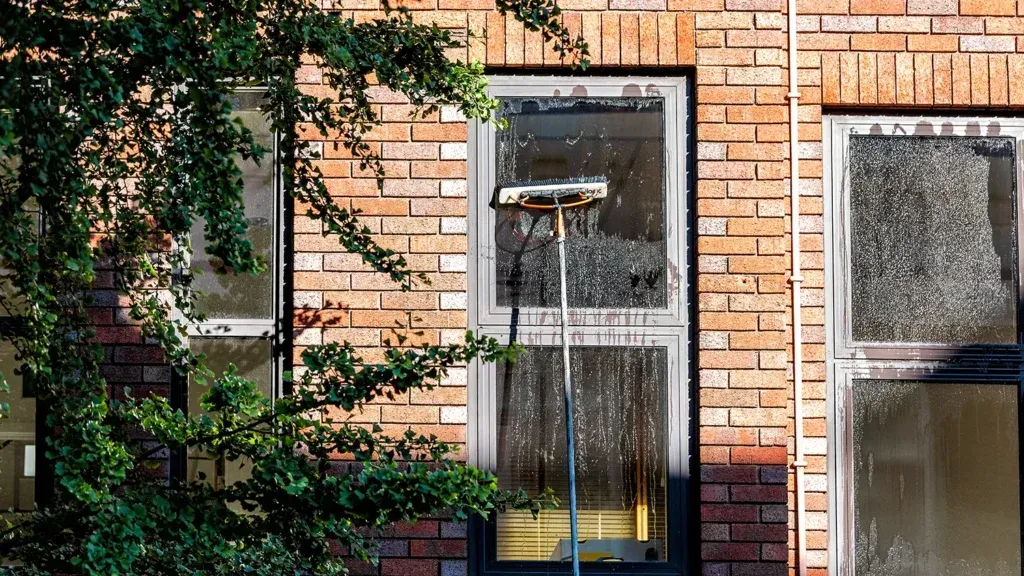 Window washer cleaning a window on a brick building with a squeegee. Green foliage on the left.