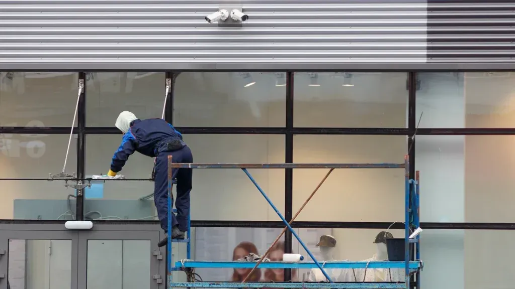 Window cleaner on a blue scaffold, working on large glass windows of a building.