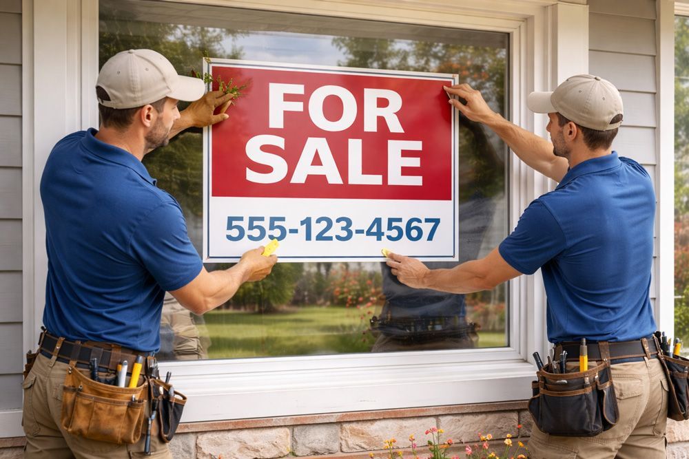 Two workers in blue shirts and beige work pants attach a red 