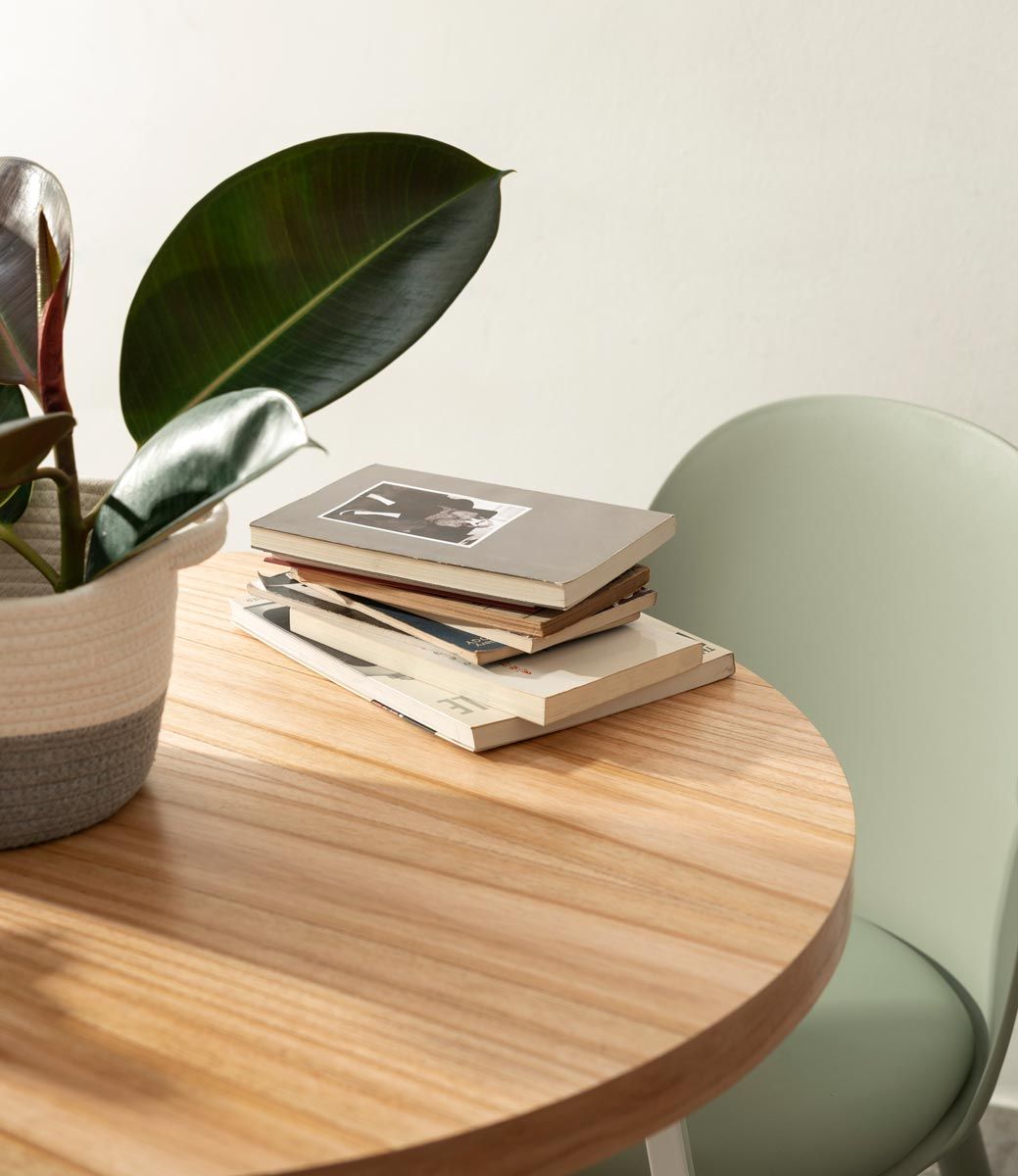 A stack of books sits on a wooden table next to a potted plant