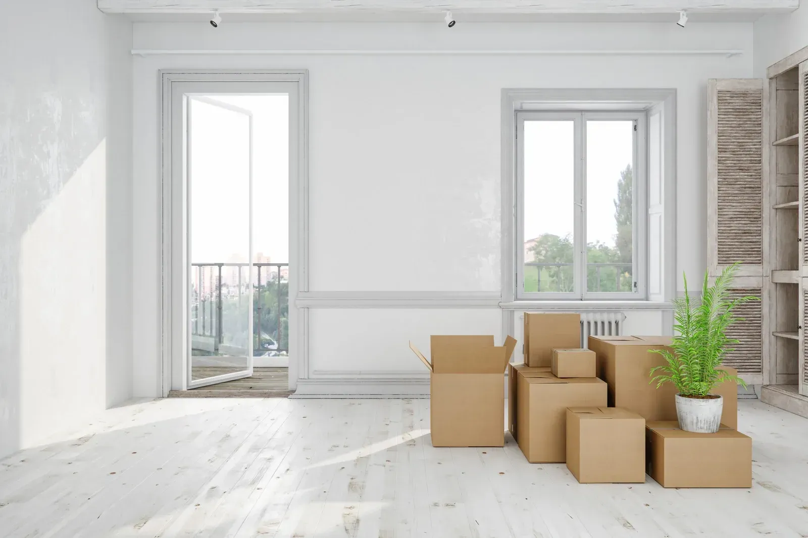 Empty room with cardboard boxes and potted plant near a window and open door.