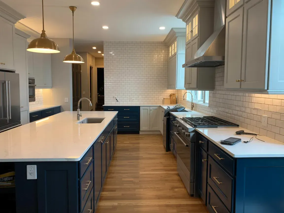 A modern kitchen with a white quartz island, deep blue cabinets, stainless steel appliances, and wood flooring.