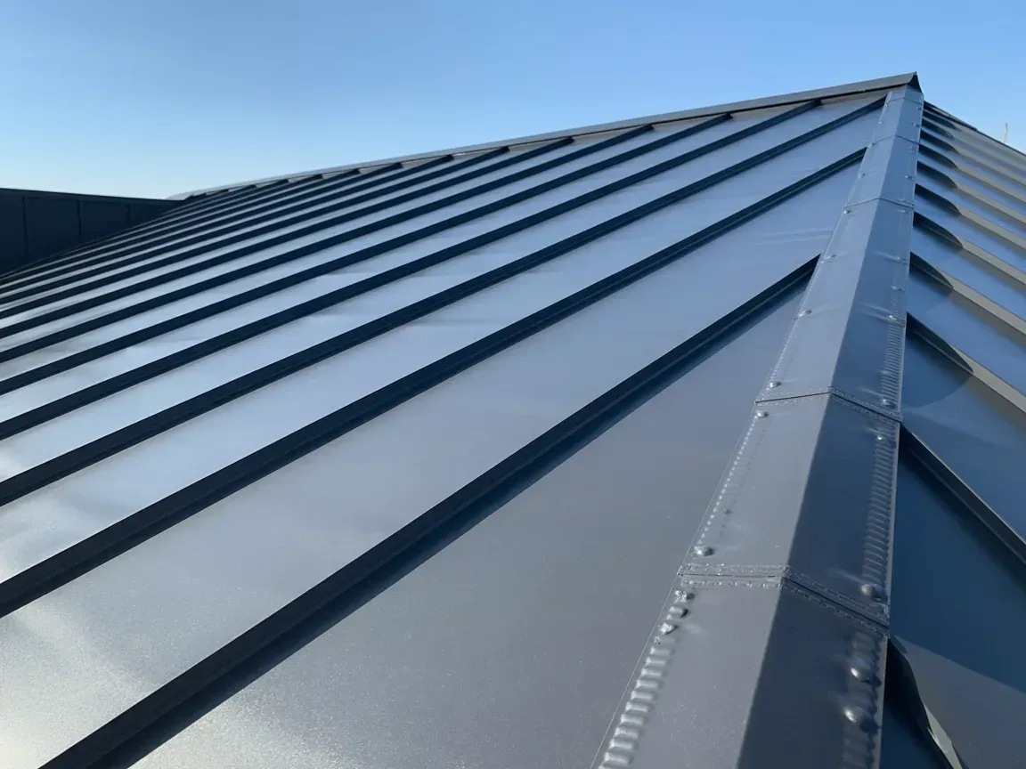 A dark gray standing seam metal roof against a clear blue sky.