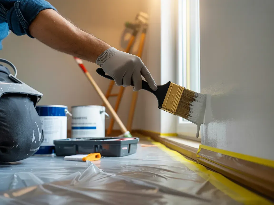 A person in gloves uses a paintbrush to apply white paint to a wall next to a window, with floor protection nearby.