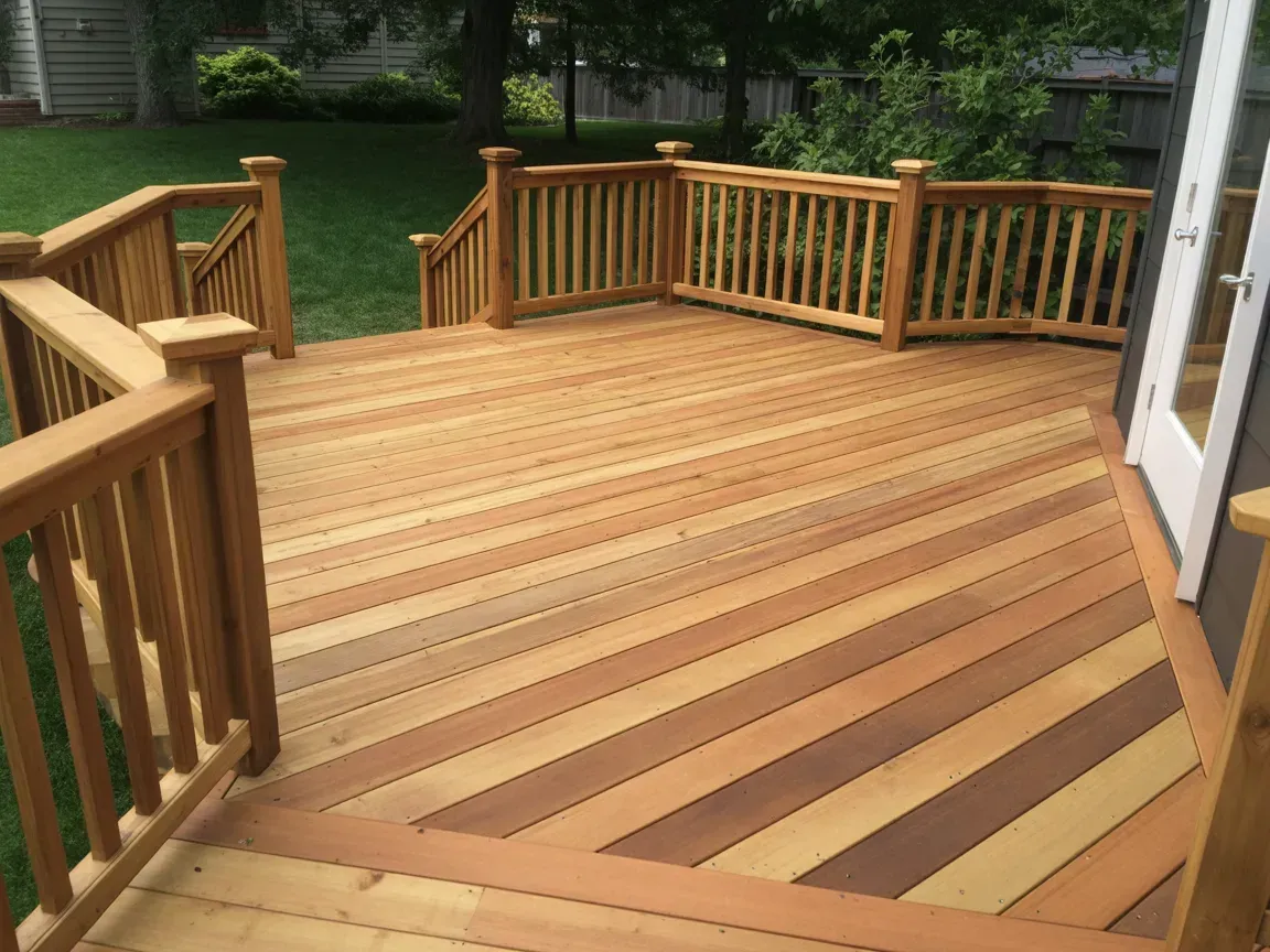 A newly constructed wooden deck with railings, angled floorboards, and steps leading down to a grassy backyard.
