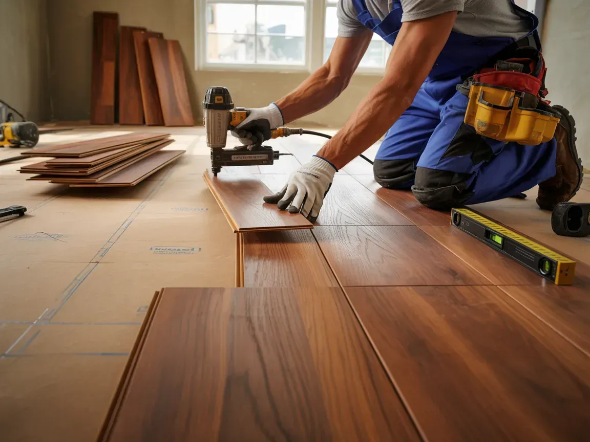 A person in work clothes kneels on a floor, using a nail gun to install wood flooring planks in a room.