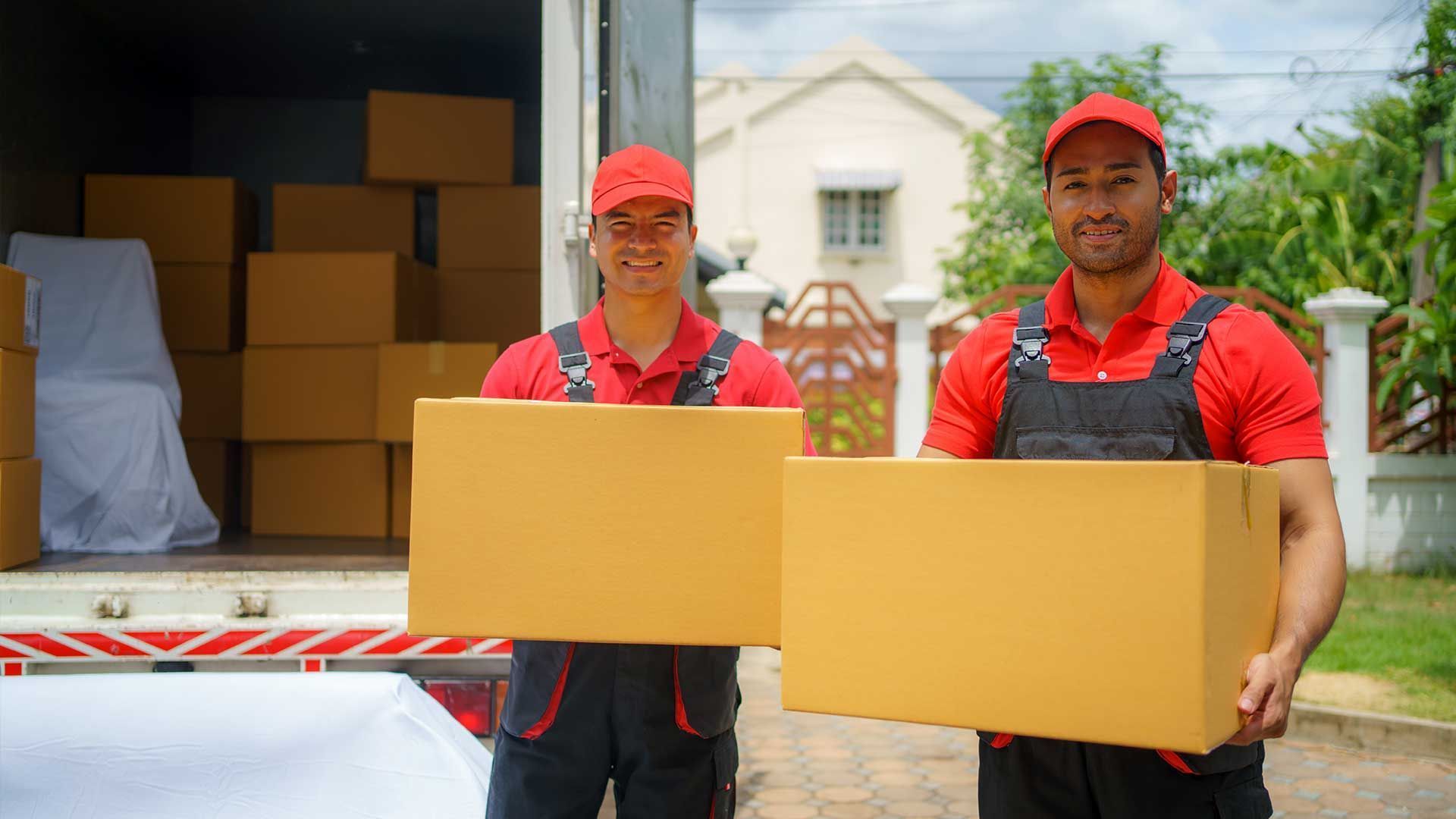 Two moving men are holding cardboard boxes in front of a truck.