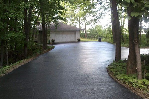 A driveway leading to a house surrounded by trees