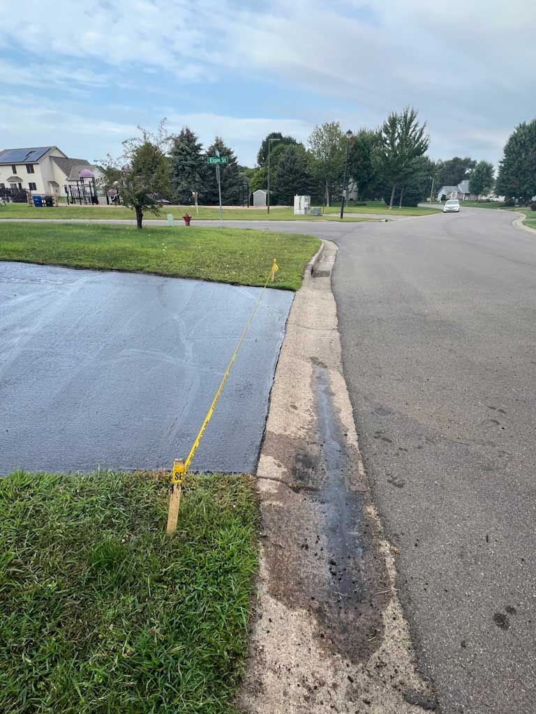 A street with a grass on the side of it.