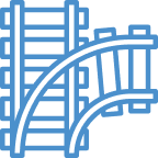 Blue railway tracks diverging.