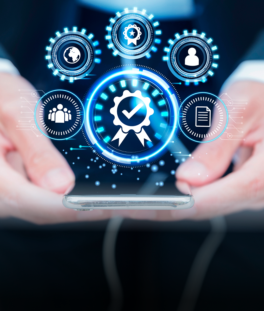 Person holding phone with digital quality assurance icons overlayed.
