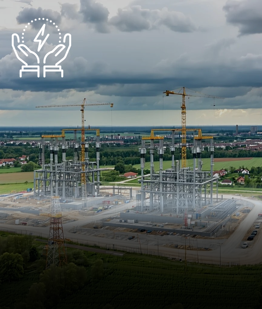 Windmills in a field at sunset, with a glowing electric hands icon in the foreground.