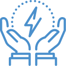 Blue hands cupping a blue lightning bolt, under a dotted arc.