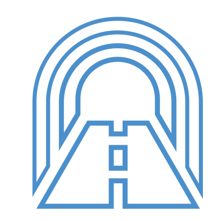 Blue outline of a road leading into a tunnel, with arched lines above.