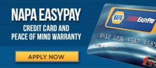 An advertisement for napa easypay credit card and peace of mind warranty