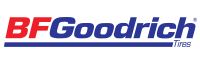 The logo for bfgoodrich tires is blue and red.