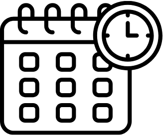 Calendar icon with a clock overlay, black outline on white background