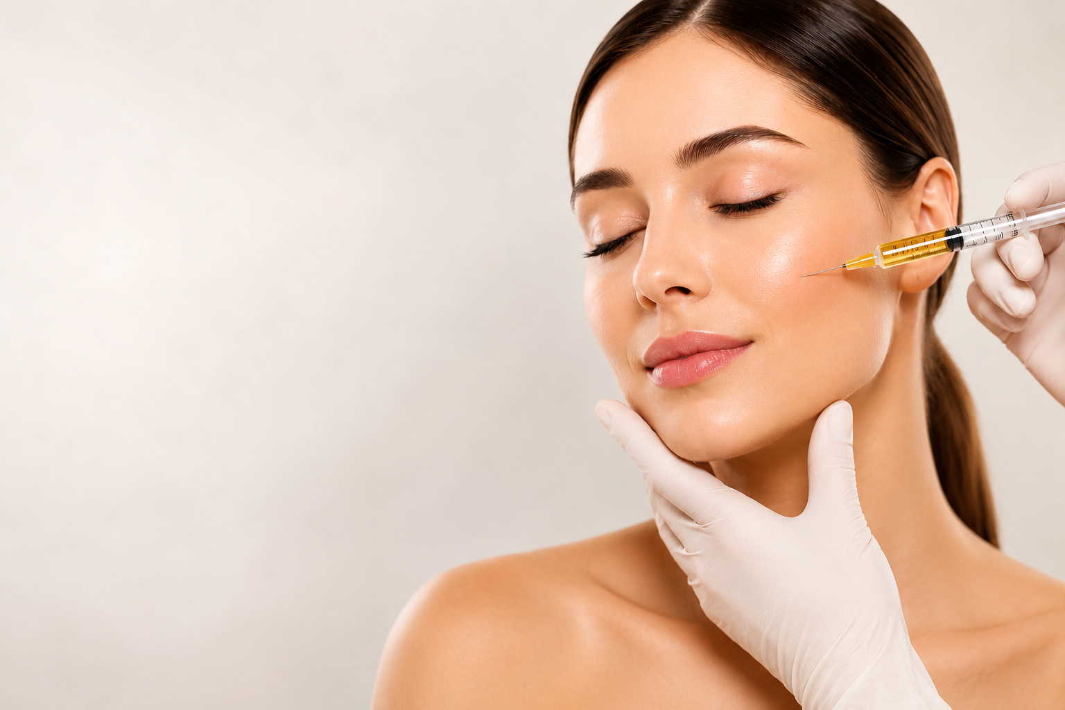 Woman receiving a facial injection while a gloved hand steadies her chin