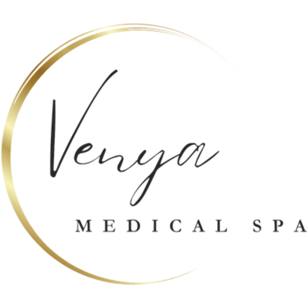 Venya Medical Spa logo with gold circle, script font name, and sans-serif text below.
