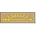 Arrow with sunburst emblem in gold, tan rectangle.