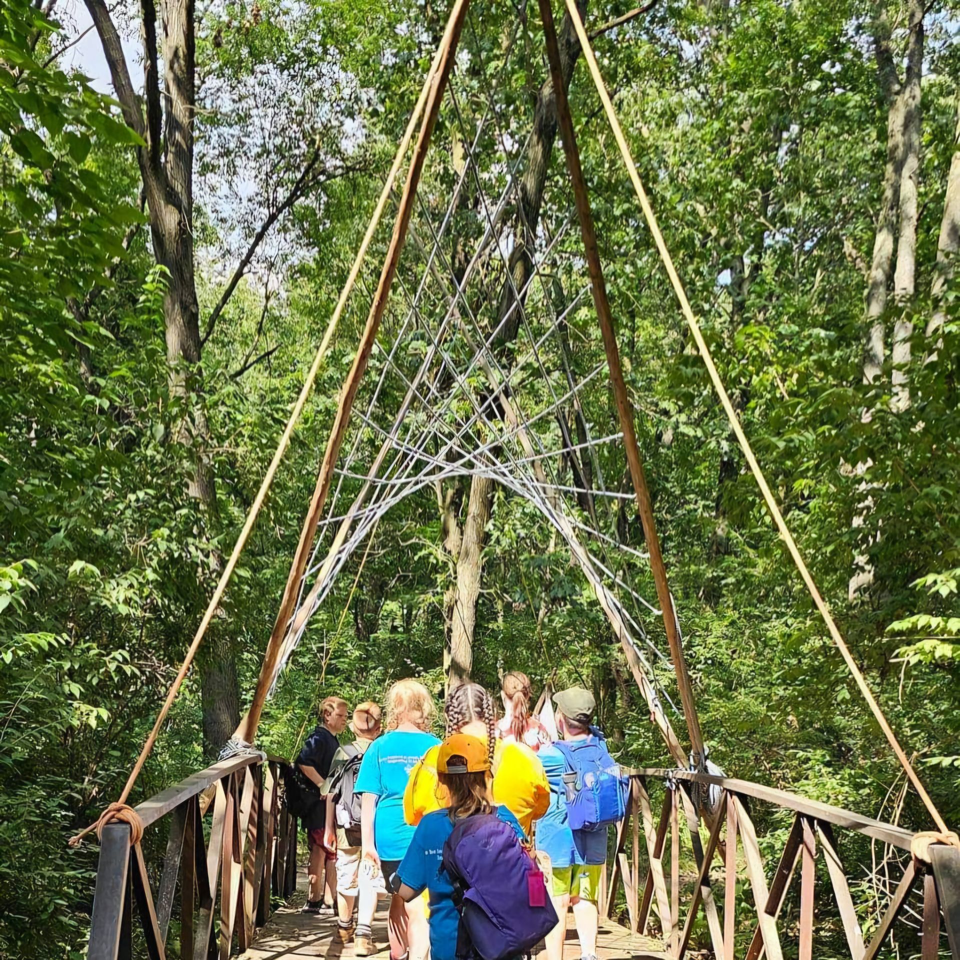 A group of people are hiking down a trail in the woods.