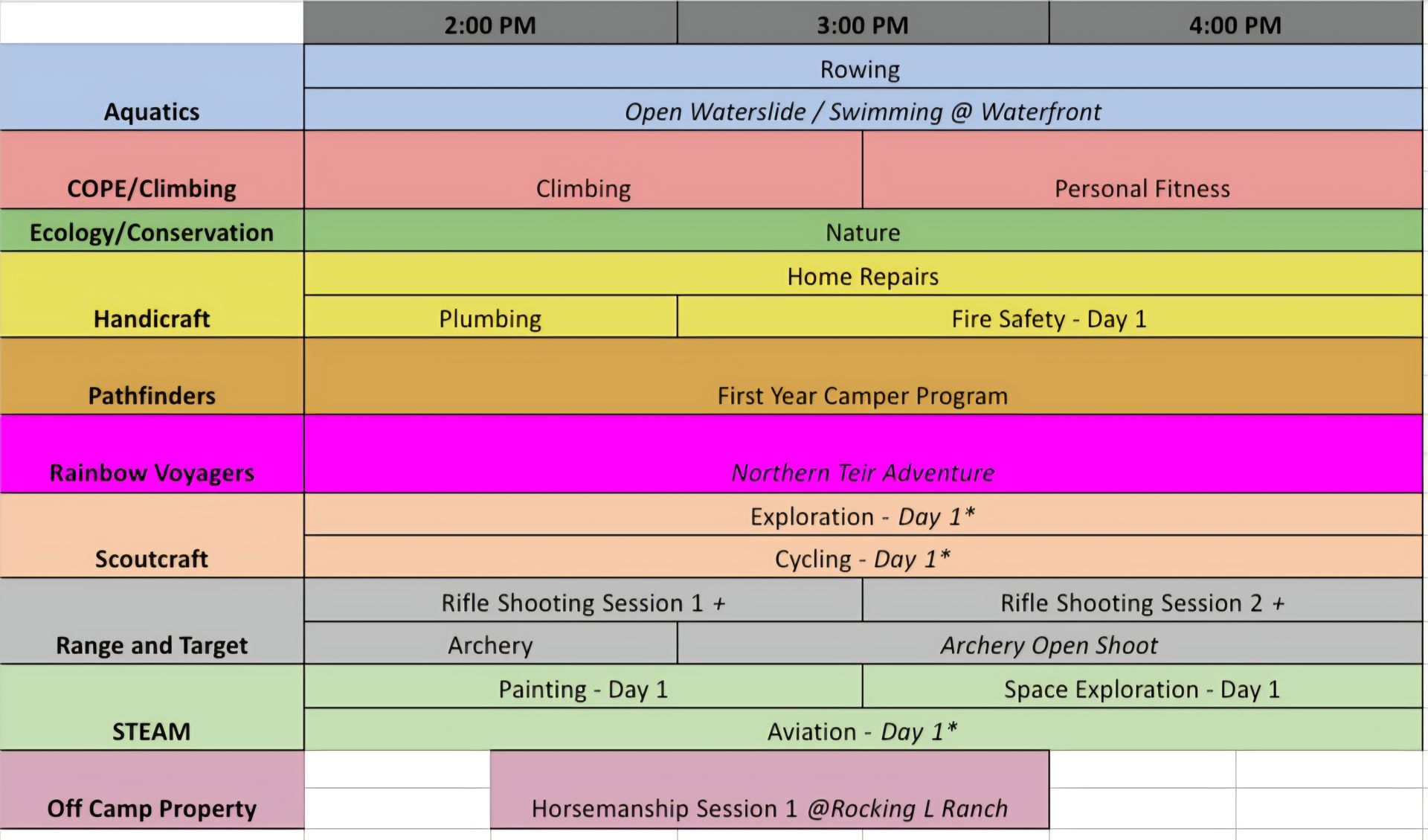 Camp activity schedule with various programs at different times.