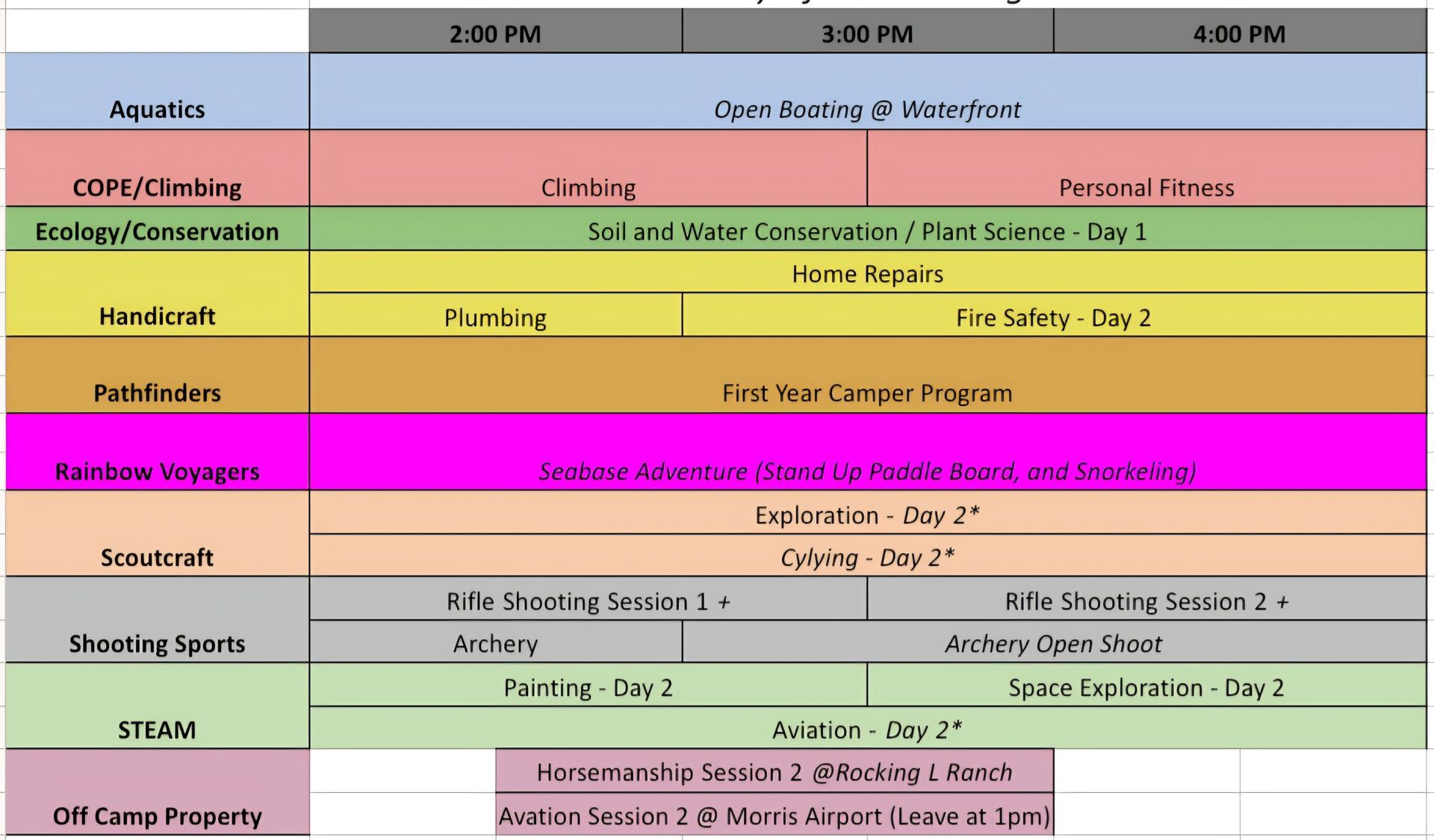 Camp activity schedule with various activities like aquatics, climbing, shooting sports, and nature.