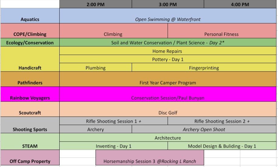 Camp activity schedule with color-coded blocks for different programs, times listed are 2:00 PM, 5:00 PM, and 4:00 PM.