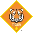 Tiger Cub Scout emblem: Orange diamond with tiger face,