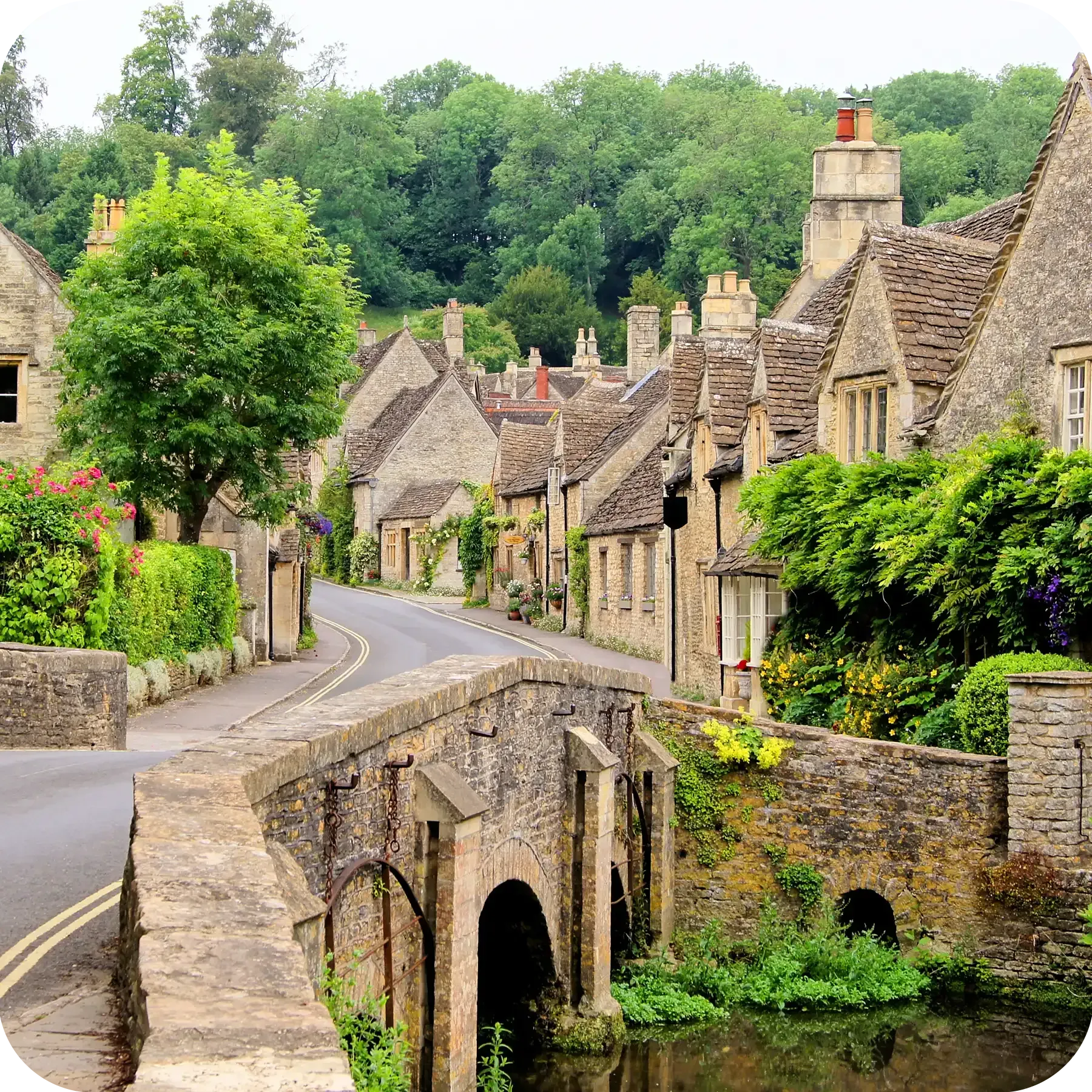 A bridge over a river in a small, Wiltshire village