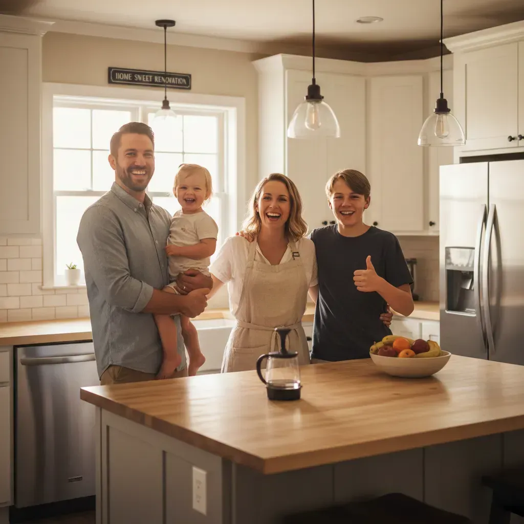 Happy family enjoying remodeled kitchen in Greensboro home
