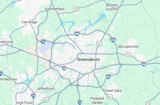 Roofing companies Greensboro NC service area map covering Triad communities