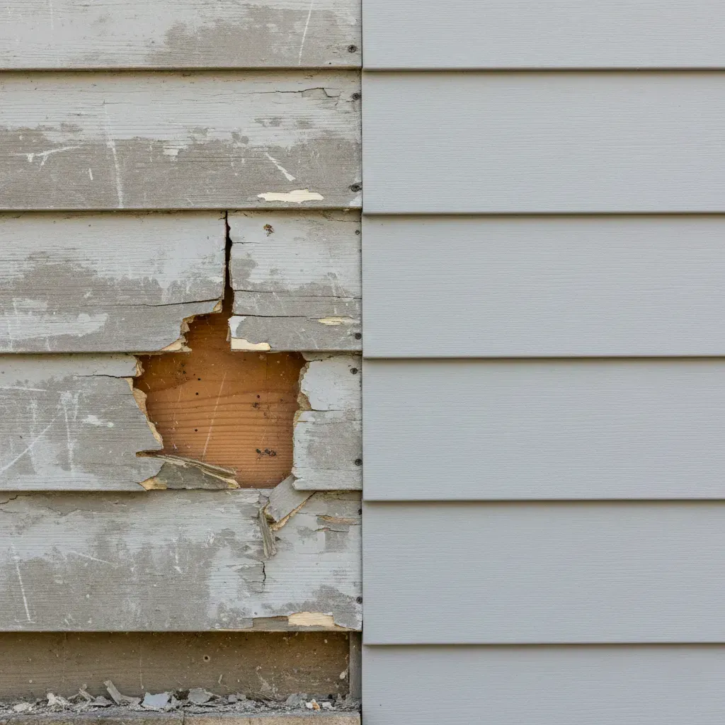 Before and after siding repair on Greensboro home