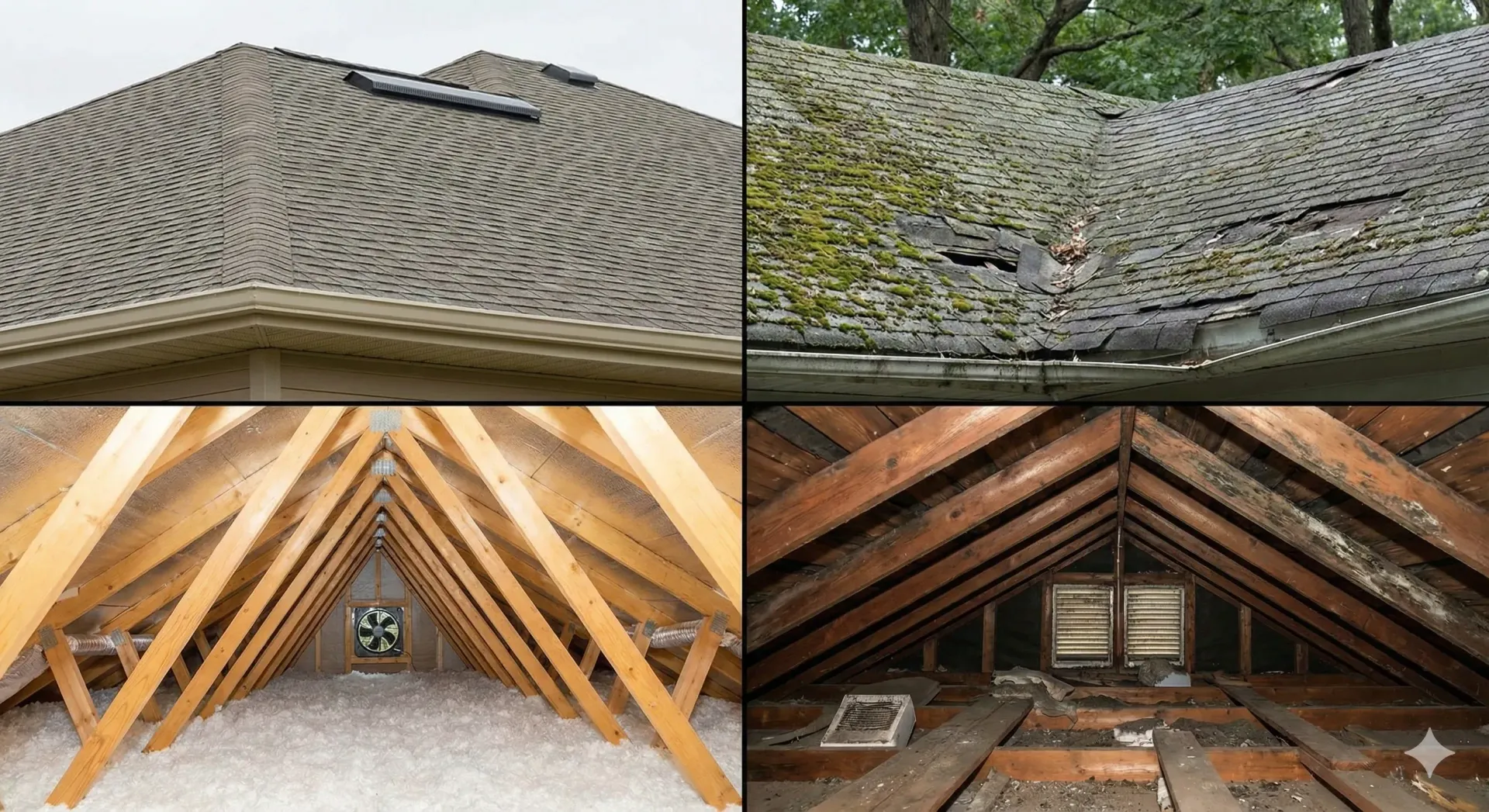 A split-image showing a well-maintained roof and attic ventilation setup vs. a damaged, poorly ventilated one