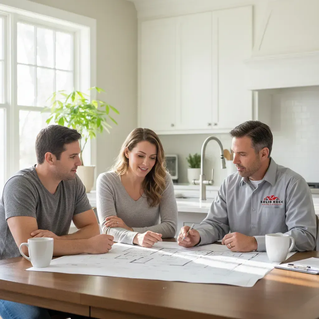 Homeowner reviewing remodeling plans with local Greensboro contractor