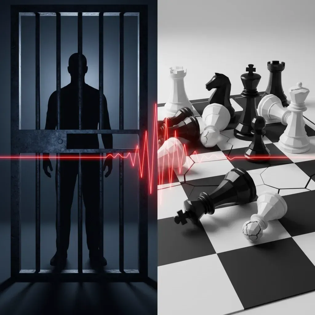 Man in a jail cell and chess pieces