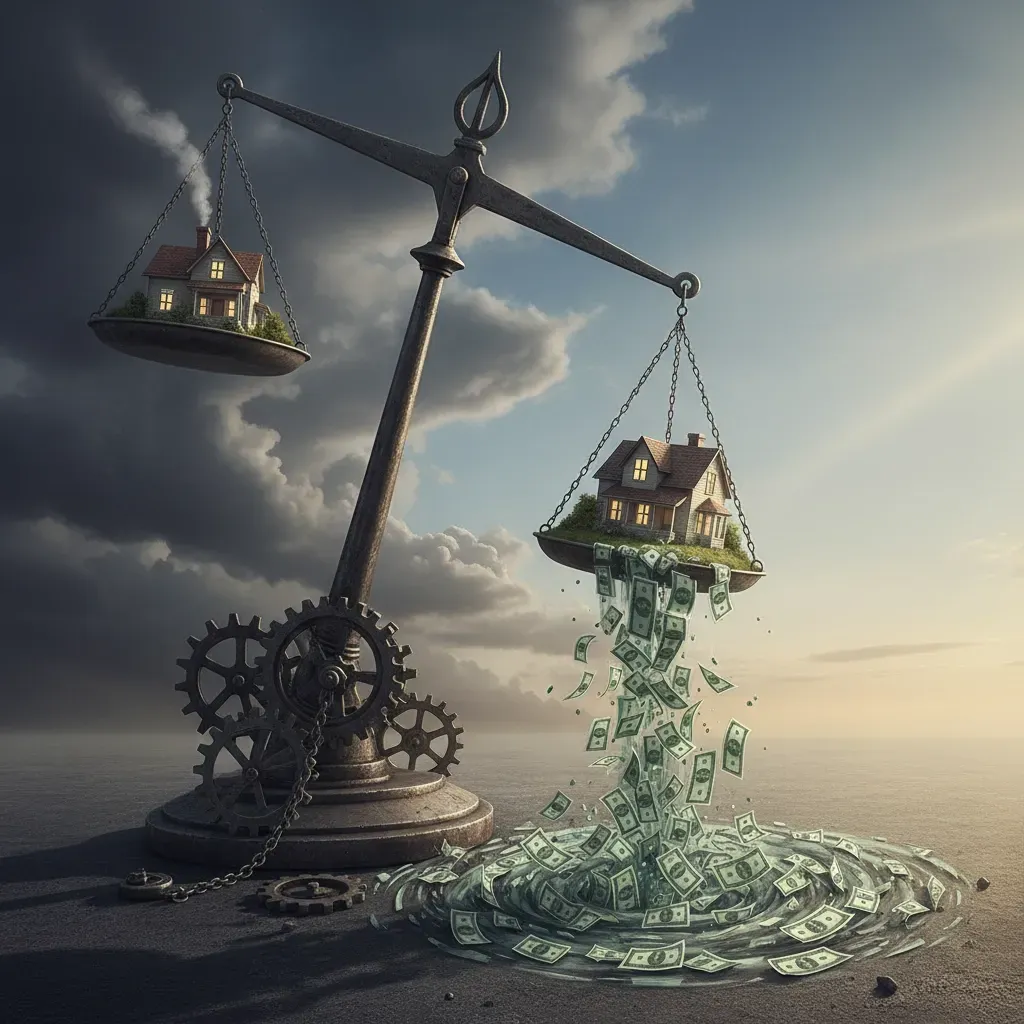 Scales of justice with houses and money