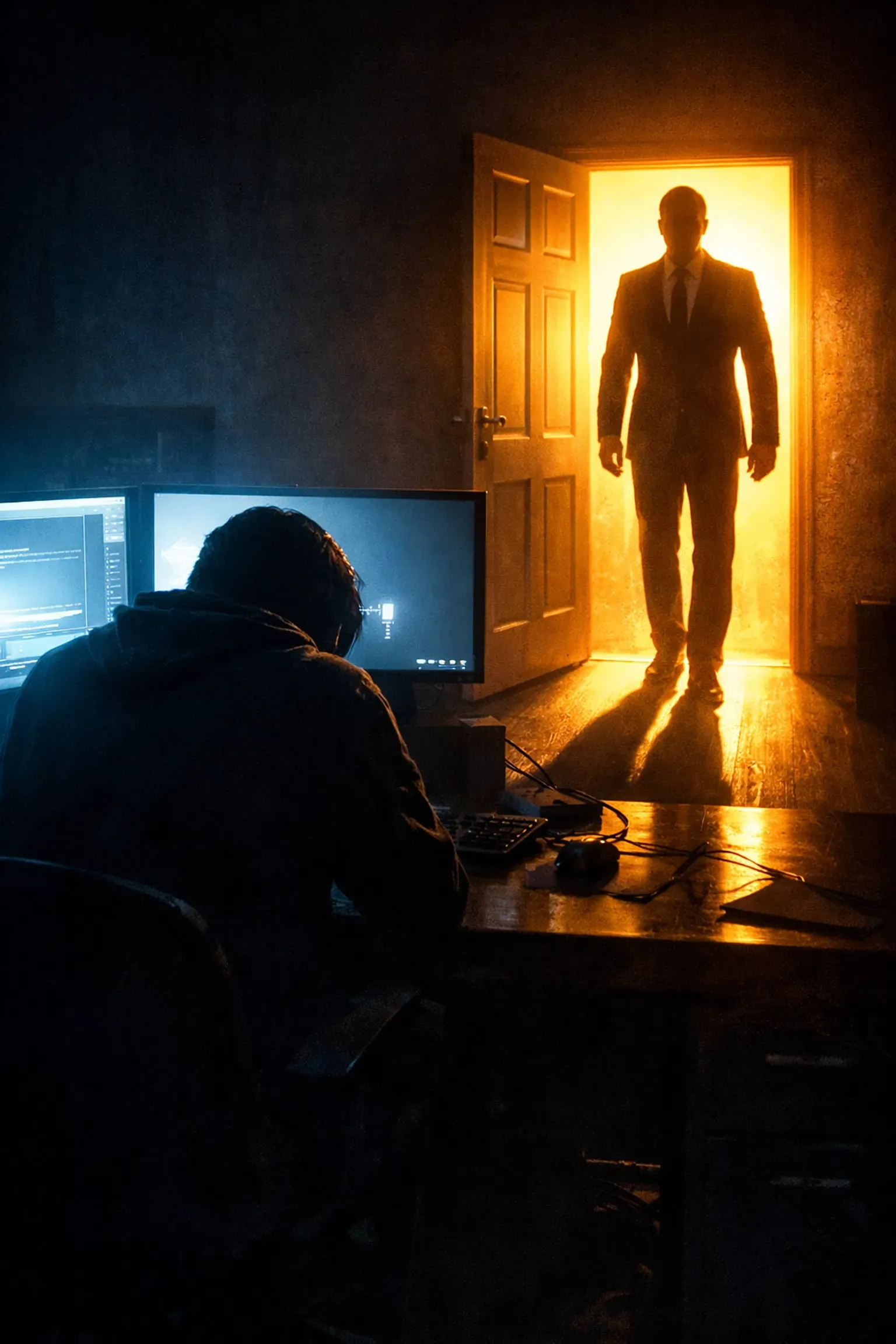 Man walking through door