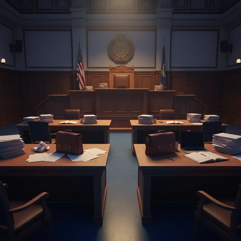Courtroom with flag and briefcase