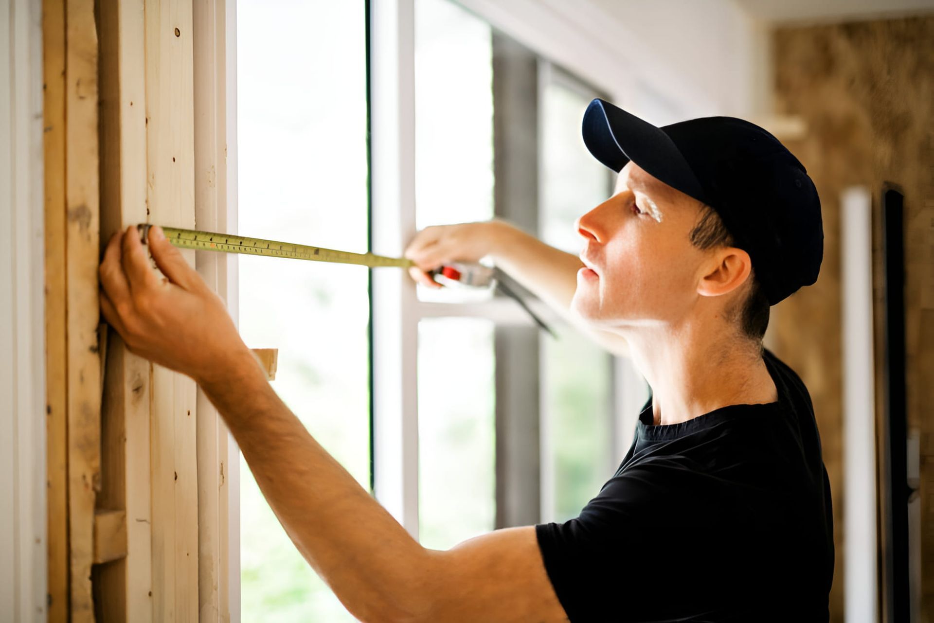 A Man Is Measuring A Window With A Tape Measure — All Hours Glass In Culburra Beach, NSW