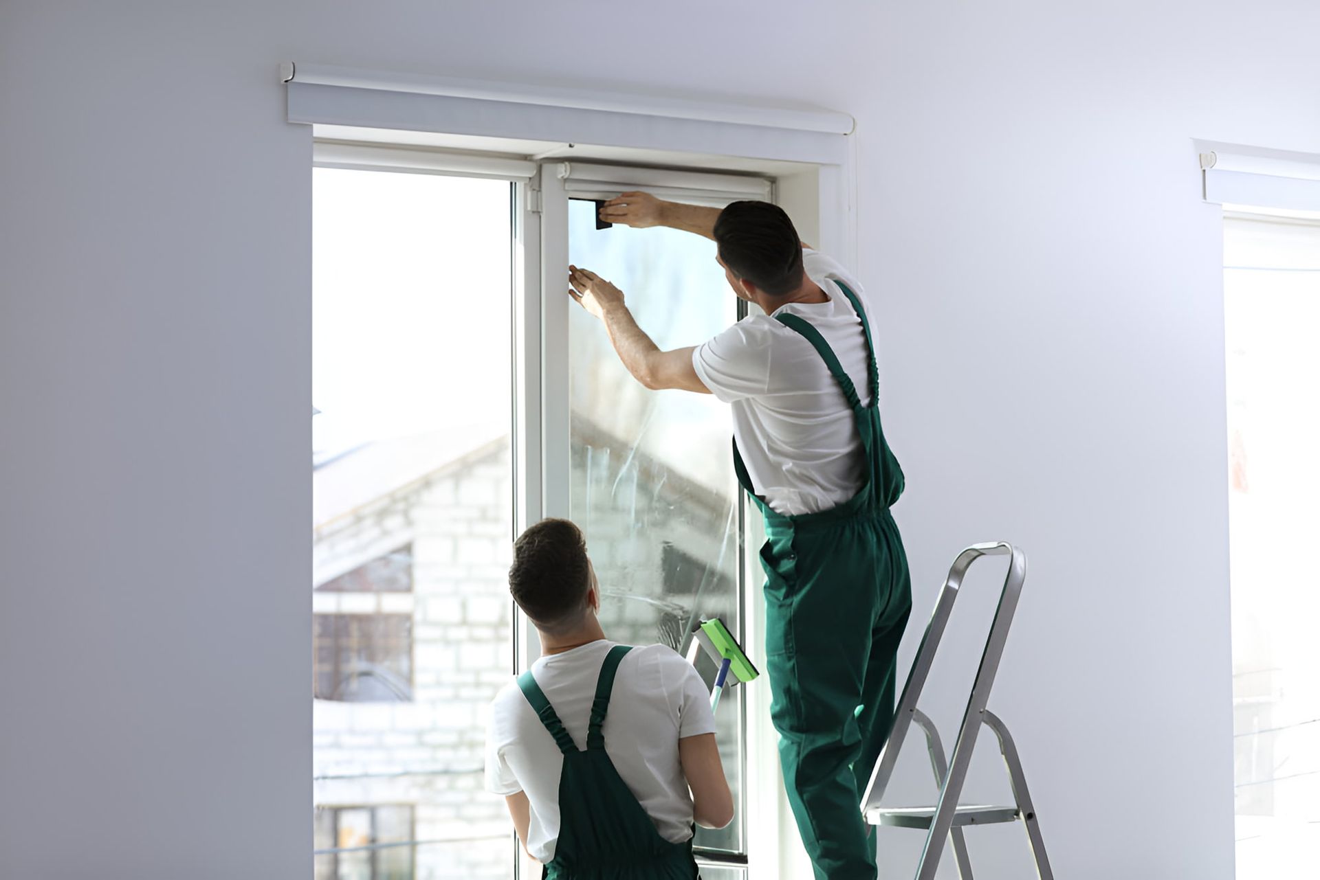 Two Men Are Cleaning A Window In A Room — All Hours Glass In Culburra Beach, NSW
