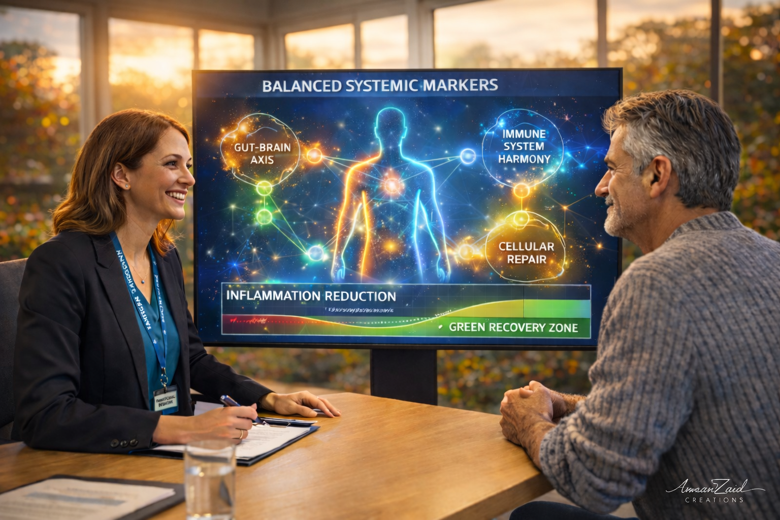 Woman with a smiling expression discusses a health analysis on a screen with a man, in an office with a window.